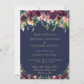 Invitation Aquarelle Marine Bleu Or Bourgogne Floral Mariage (Devant)