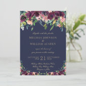 Invitation Aquarelle Marine Bleu Or Bourgogne Floral Mariage (Debout devant)