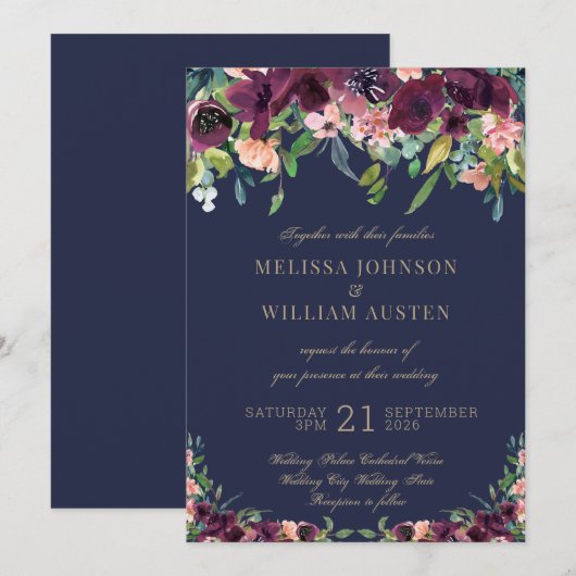 Invitation Aquarelle Marine Bleu Or Bourgogne Floral Mariage (Devant / Derrière)