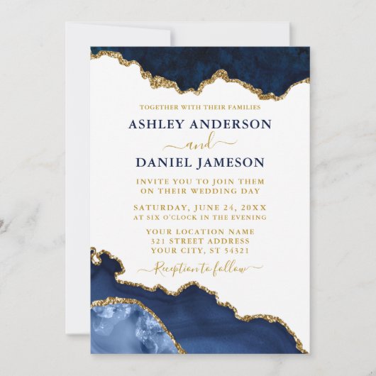 Invitation Aquarelle Marine Blue Gold Marble Mariage (Devant)