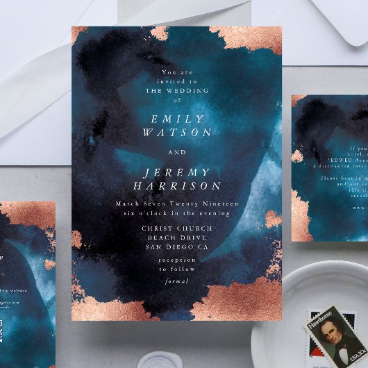 Invitation Aquarelle Marine Blue Moody Rose Mariage or