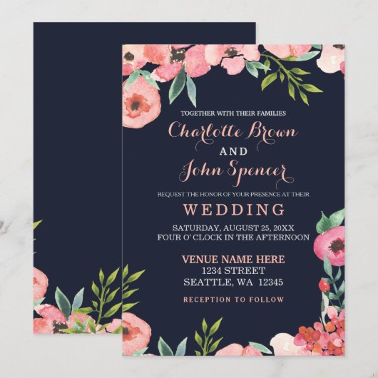 Invitation Aquarelle Marine Blush Floral Mariage élégant (Devant / Derrière)