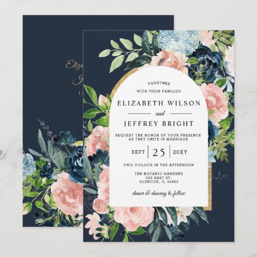 Invitation Aquarelle Marine Blush or Floral Arc Mariage (Devant / Derrière)