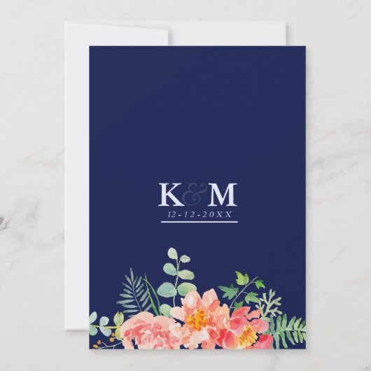 Invitation Aquarelle marine corail bleu rose Mariage botaniqu (Dos)