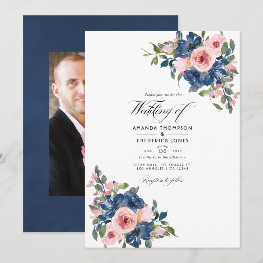 Invitation Aquarelle marine et bleu Mariage floral photo (Devant / Derrière)