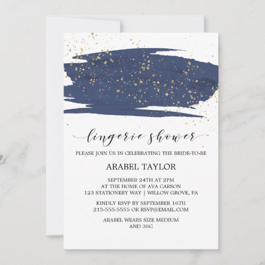 Invitation Aquarelle Marine et Gold Sparkle Lingerie Douche (Devant)