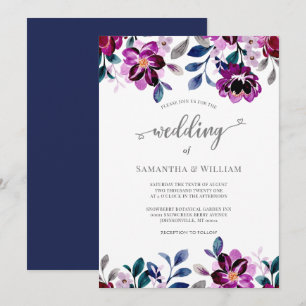 Invitation Aquarelle marine et Mariage floral pourpre