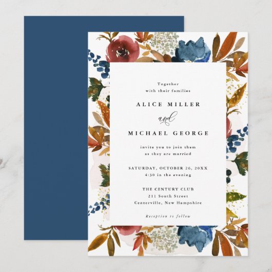 Invitation Aquarelle marine et rouille Boho Floral, Mariage e (Devant / Derrière)