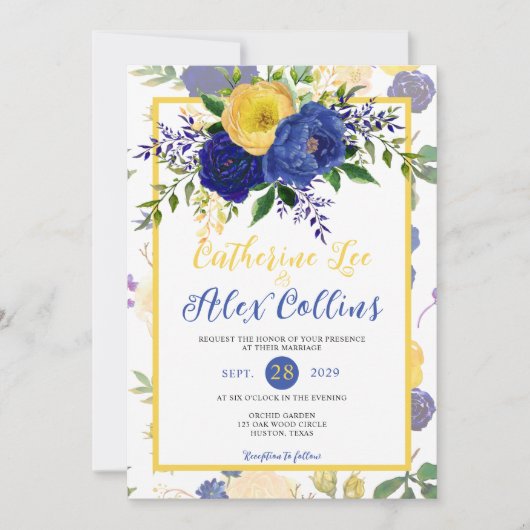 Invitation Aquarelle Marine et Yellowish Gold FlorMariage (Devant)