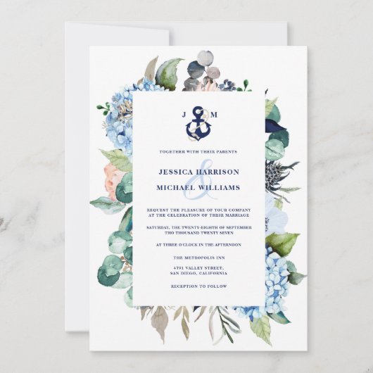 Invitation Aquarelle marine Floral Hydrangea Mariage (Devant)
