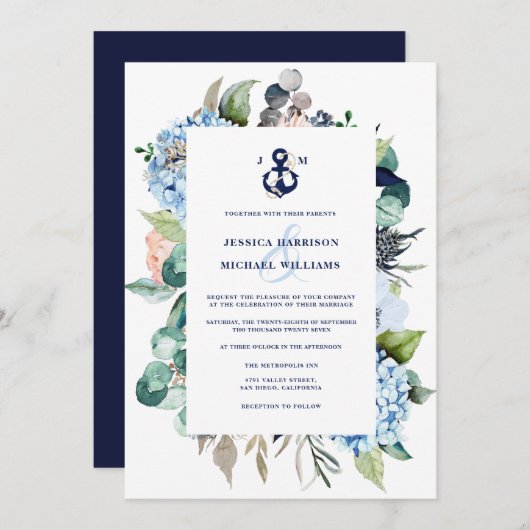 Invitation Aquarelle marine Floral Hydrangea Mariage (Devant / Derrière)