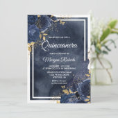 Invitation Aquarelle marine, Floral & Robe, Quinceanera or (Debout devant)