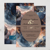 Invitation Aquarelle marine moderne élégante bleu & pêche Aqu (Devant / Derrière)