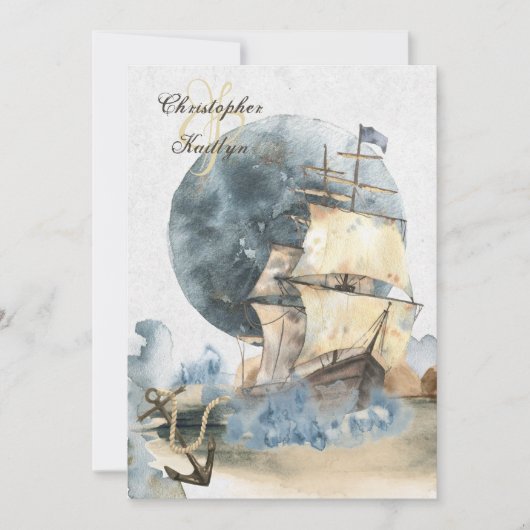Invitation Aquarelle marine navire et Mariage de Pleine lune (Devant)