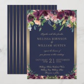 Invitation Aquarelle Marine or Bourgogne Mariage floral (Devant / Derrière)