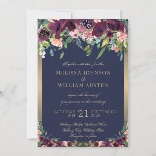 Invitation Aquarelle Marine or Bourgogne Mariage floral