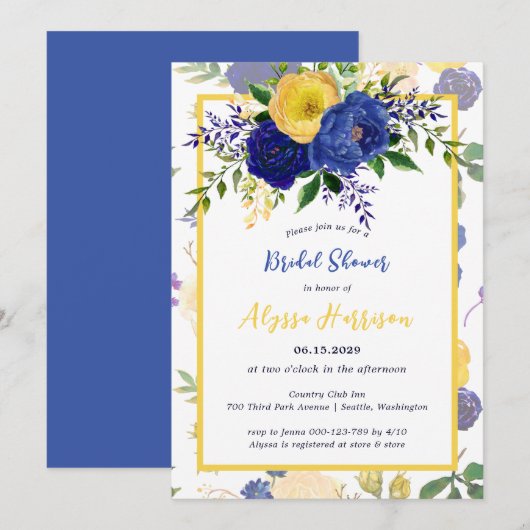 Invitation Aquarelle Marine Yellowish Gold Floral Bride (Devant / Derrière)
