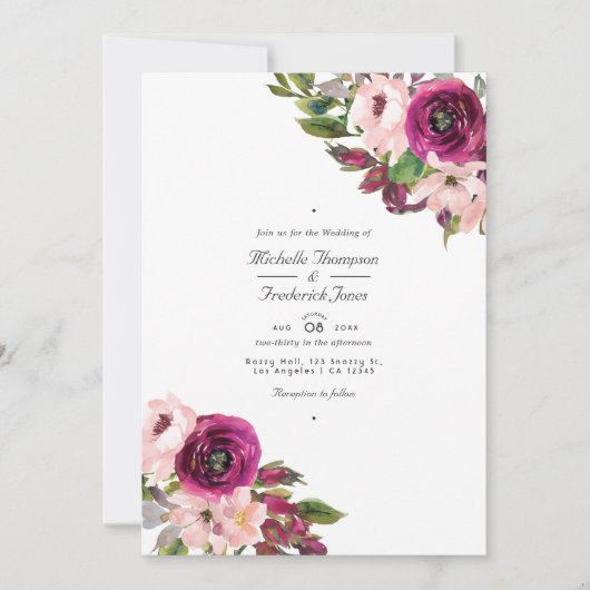 Invitation Aquarelle Marsala & Blush Floral QR Code Mariage (Devant)
