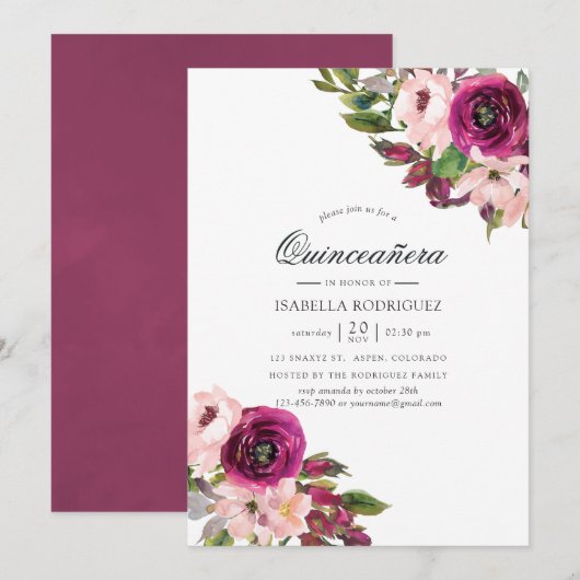 Invitation Aquarelle Marsala et Floral Blush Quinceañera (Devant / Derrière)