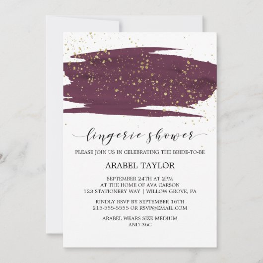 Invitation Aquarelle Marsala & Gold Sparkle Lingerie Douche (Devant)