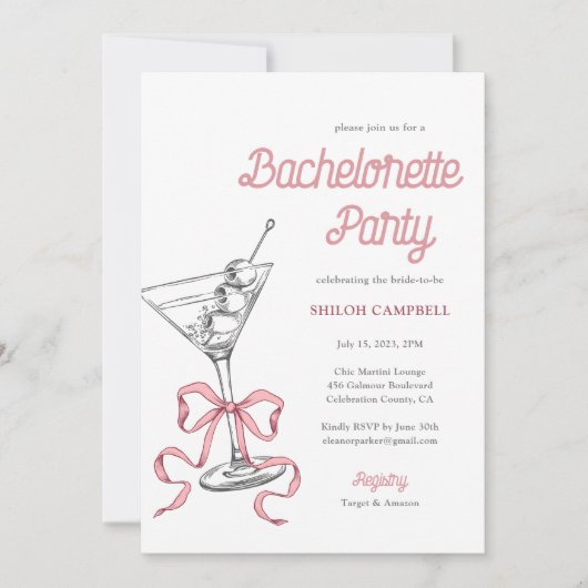 Invitation Aquarelle Martini rose Bow Bachelorte (Devant)