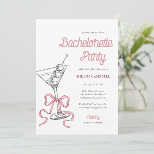 Invitation Aquarelle Martini rose Bow Bachelorte (Debout devant)