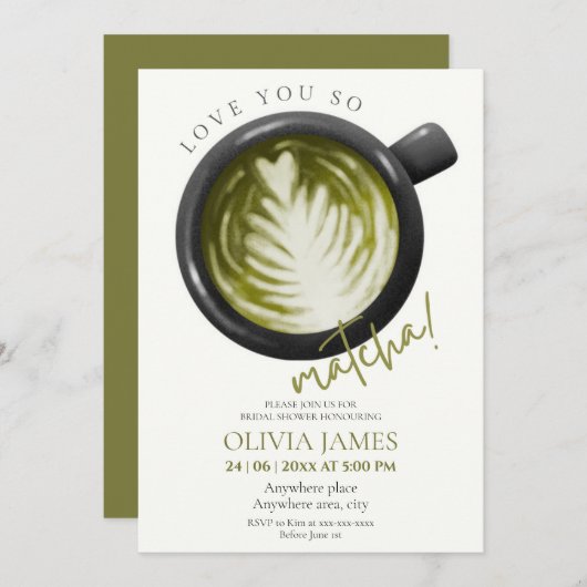 Invitation Aquarelle Matcha thème douche nuptiale (Devant / Derrière)