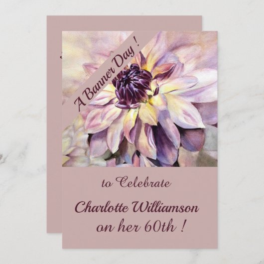 Invitation Aquarelle mauve et pourpre Fleur Anniversaire (Devant / Derrière)