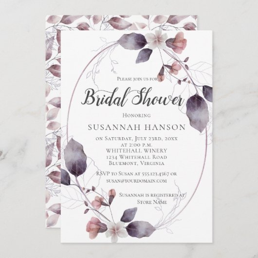 Invitation Aquarelle Mauve rose Fleurs Feuilles Fête des mari (Devant / Derrière)