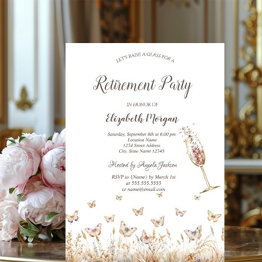 Invitation Aquarelle Meadow Butterflies Glass Retirement