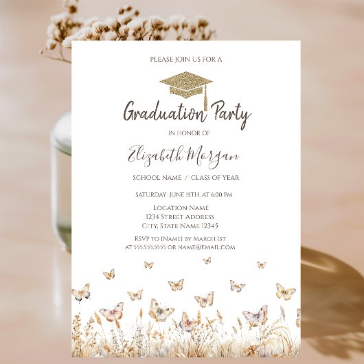 Invitation Aquarelle Meadow Butterflies Graduation