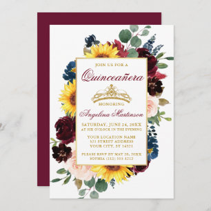 Invitation Aquarelle Mélange Bourgogne Floral Or Quinceanera