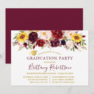 Invitation Aquarelle mélange floral Bourgogne fête de graduat