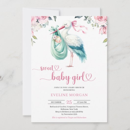 Invitation Aquarelle menthe et livraison de cigogne rose bébé (Devant)