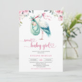 Invitation Aquarelle menthe et livraison de cigogne rose bébé (Debout devant)