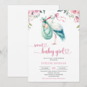 Invitation Aquarelle menthe et livraison de cigogne rose bébé (Devant / Derrière)