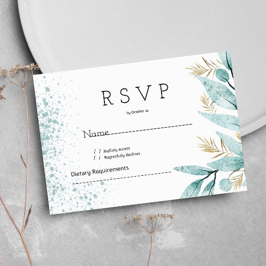 Invitation Aquarelle menthe vert feuille or RSVP