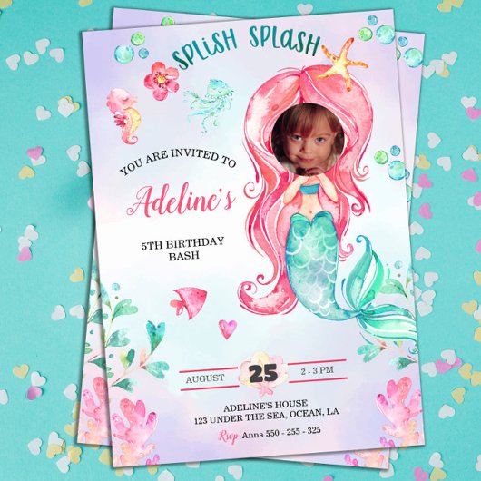 Invitation Aquarelle Mermaid Ajouter votre photo Anniversaire
