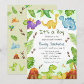 Invitation Aquarelle Mignon Bohème Dinosaure Feuillage Garçon (Devant / Derrière)