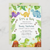 Invitation Aquarelle Mignon Boho Dinosaure Verdure Garçon Béb (Devant / Derrière)