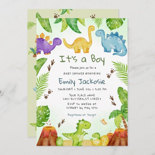 Invitation Aquarelle Mignon Boho Dinosaure Verdure Garçon Béb (Devant / Derrière)