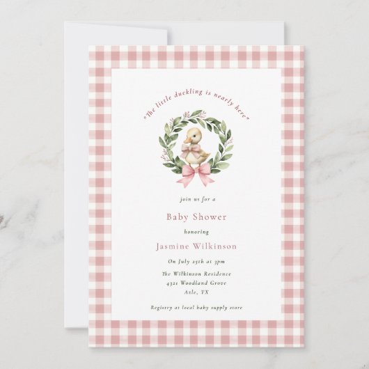 Invitation aquarelle mignon Canard Baby shower rose (Devant)