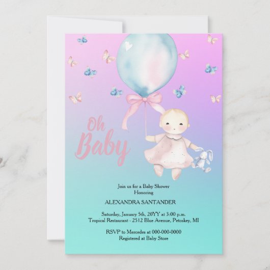 Invitation Aquarelle mignonne Aqua & Baby shower pourpre (Devant)