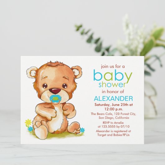 Invitation Aquarelle mignonne Baby shower bébé ours garçon (Debout devant)