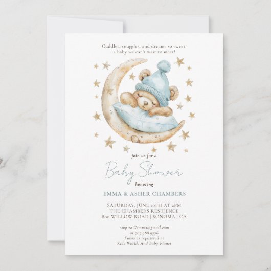 Invitation Aquarelle mignonne Baby shower bleu Ours en Teddy (Devant)