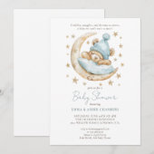 Invitation Aquarelle mignonne Baby shower bleu Ours en Teddy (Devant / Derrière)