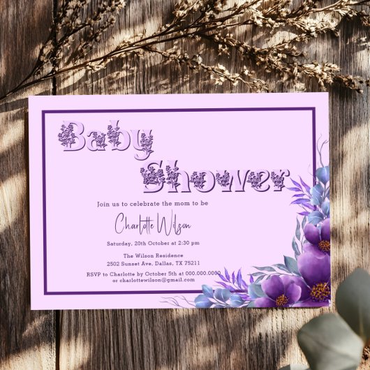 Invitation Aquarelle mignonne Baby shower de fleurs pourpres
