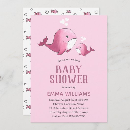 Invitation Aquarelle mignonne baleine rose | Baby shower fill (Devant / Derrière)