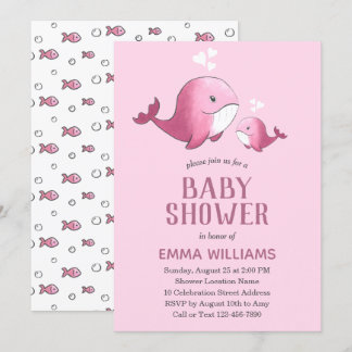 Invitation Aquarelle mignonne baleine rose | Baby shower fill