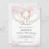Invitation Aquarelle mignonne bébé éléphant fille premier ann (Devant)